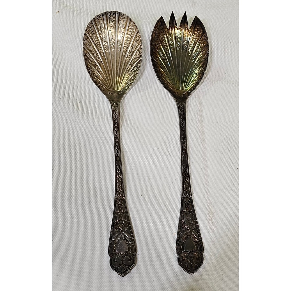 Vtg WA Sheffield England EPNS Shell Salad Servers Spoon Fork‎ Set Silver Plate